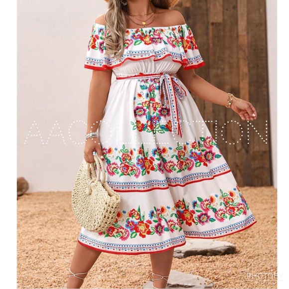 Boho Plus Size Floral Print Ruffle Off Shoulder Belt Dress - Picture 1 of 3